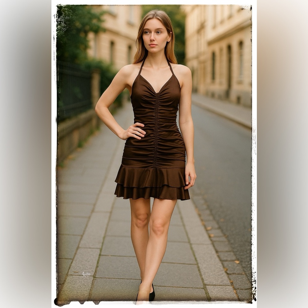 Vintage Jessica McClintock Halter Style Brown Mini Cocktail Dress, Size 6